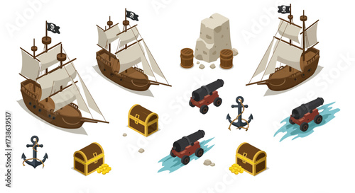 Isometric pirate ship assets with cannons, anchors, and treasure chests for g…