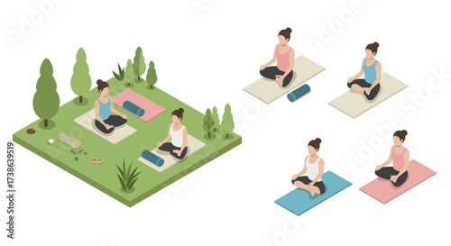 Tranquil outdoor yoga session with women practicing meditation on mats in iso…