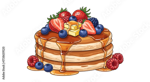 A delicious stack of pancakes with fresh berries, maple syrup and butter. SVG vector illustration.
