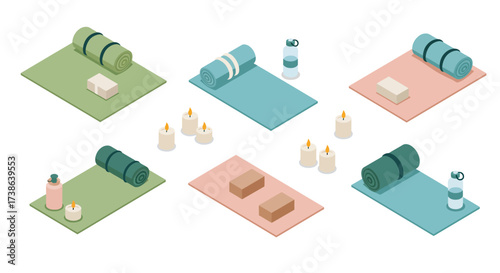 Isometric yoga and meditation mats with candles and accessories