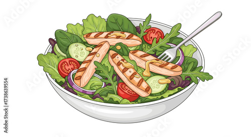 Fresh grilled chicken salad bowl with lettuce, tomato, onion isolated on transparent background svg