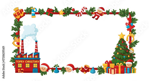 Festive Christmas frame with Santa's workshop, tree and gifts isolated on transparent background.