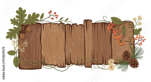 Rustic wooden banner with autumn leaves, acorns, berries and pine cones vector illustration svg.