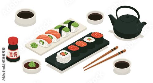 Isometric sushi and tea set with soy sauce and chopsticks on white background