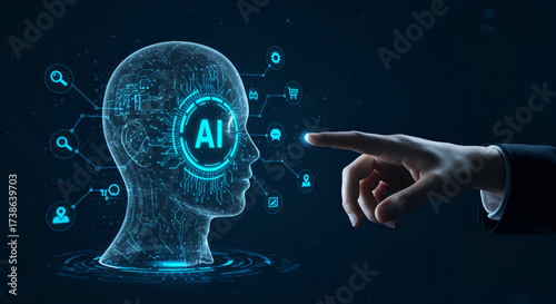 Wallpaper Mural Holographic AI Head with Neural Network Icons Being Touched by Executive Finger — Artificial Intelligence Interaction, Machine Learning Interface and Cognitive Torontodigital.ca