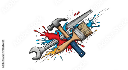 Hand tools vector illustration with hammer saw wrench and paintbrush over colorful paint splatters