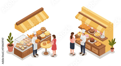 Isometric bakery display with cakes and pastries in market stall setting