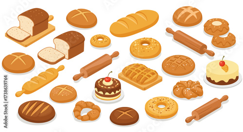 Isometric baked goods collection: bread, cakes, pastries and rolling pins