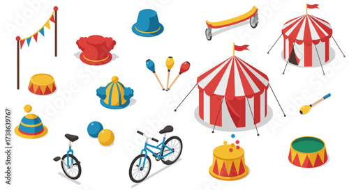 Isometric circus elements with tents, hats, and bicycle in vibrant colors