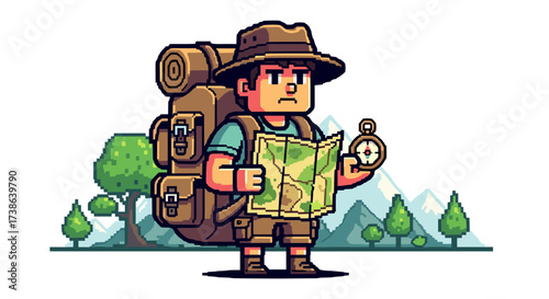 Pixel art hiker character with map and compass on a mountain trail, isolated SVG vector illustration.