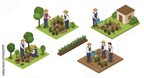 Gardening activities in isometric style with farmers planting and watering