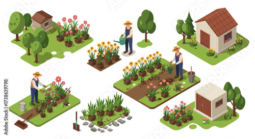 Isometric garden scene with people planting and watering in allotment