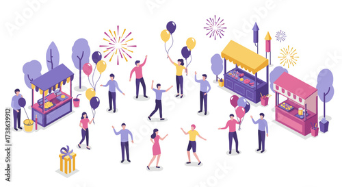Festive outdoor market with people holding balloons and enjoying fireworks in…