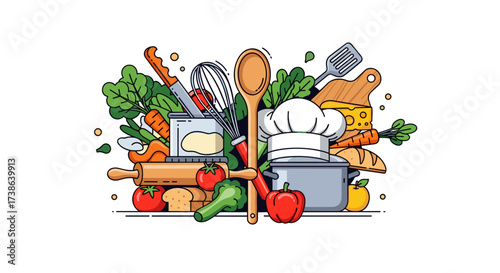 Cooking ingredients and kitchen utensils concept with chef hat, svg vector illustration isolated