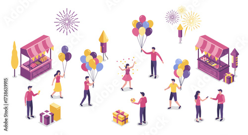 Isometric festival scene with people, fireworks, balloons, and festive stalls
