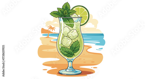 Mojito cocktail with mint, lime, and ice. SVG vector illustration isolated on transparent background.