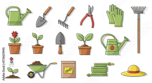 Flat design gardening tools and potted plants collection for spring cultivation hobby vector illustration svg