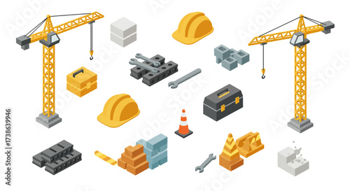 Isometric construction tools and equipment set for building projects
