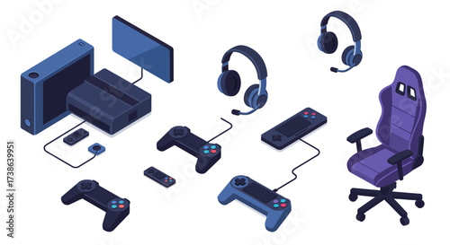 Isometric gaming setup with console, controllers, and headsets for modern gamers