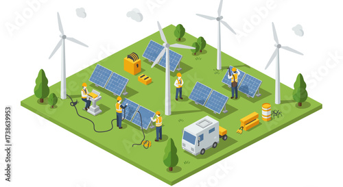 Sustainable energy efforts: workers installing solar panels and wind turbines…