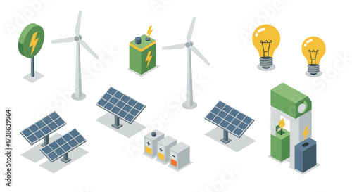Isometric renewable energy icons: wind, solar, and eco-conscious power solutions