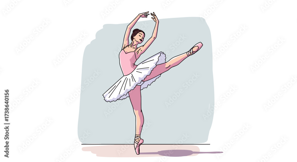 Fototapeta premium Elegant female ballet dancer in graceful arabesque pose, vector illustration, isolated on transparent background.