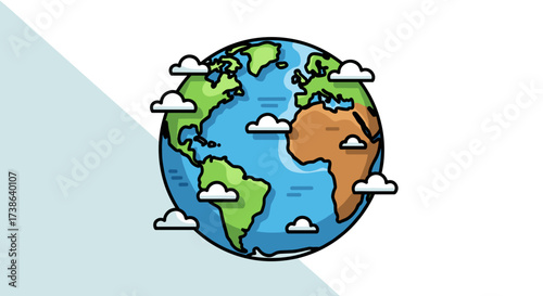 Cartoon Earth globe illustration with clouds, showing continents and oceans, isolated on transparent background