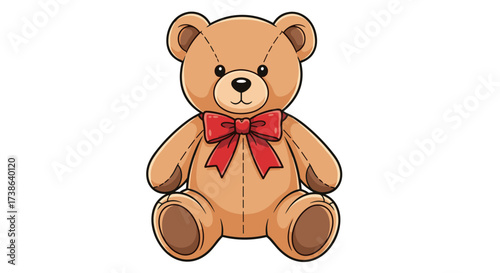 Cute brown cartoon teddy bear with a red bow tie isolated on transparent background vector illustration svg