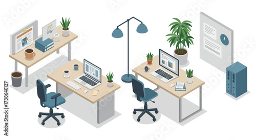 Modern office workspace with desks, computers, and plants in isometric design