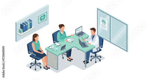Healthcare team meeting: doctors and patient in a modern office setting