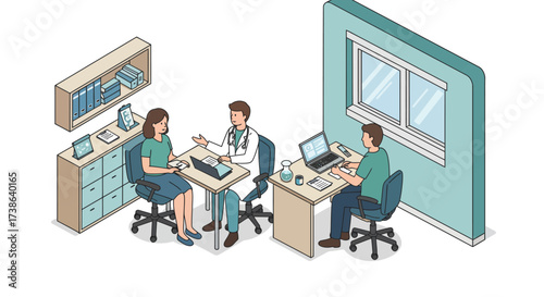 Office consultation between doctor and patient in modern medical setting
