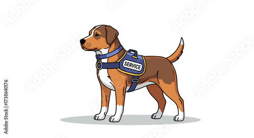 Loyal terrier dog in blue service harness, standing attentively, clean vector illustration on transparent background.