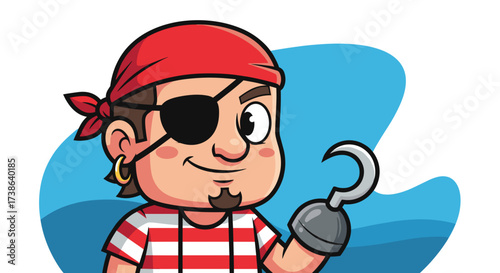 Friendly cartoon pirate character with eyepatch and hook hand smiling, vector illustration on clear background