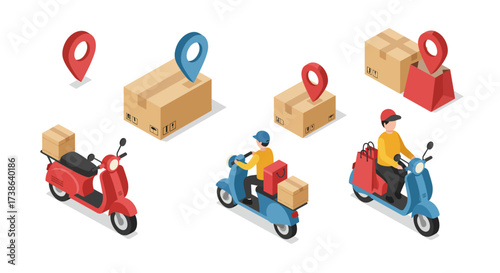 Isometric delivery concept with scooters and packages featuring location pins