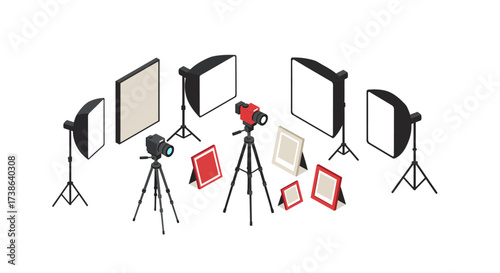 Isometric photography studio equipment setup with cameras and lighting