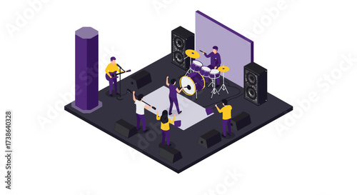 Isometric concert scene with band playing on stage and audience enjoying live…