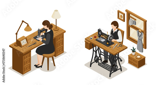 Vintage sewing scenes: craftsmen at work with sewing machines in isometric style