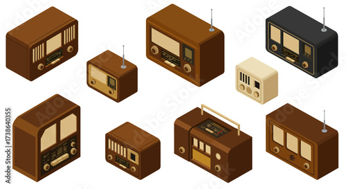 Isometric vintage radios collection: retro style analog devices with classic…