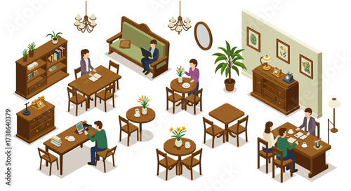 Cozy isometric living and dining room with people and furniture