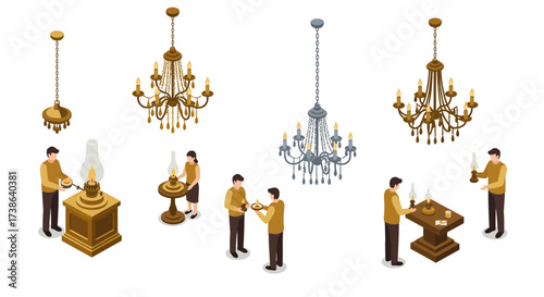 Isometric antique lighting and interaction scene with chandeliers and oil lamps