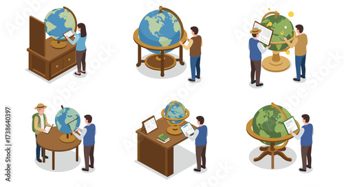 Diverse people interacting with world globes in educational scenes