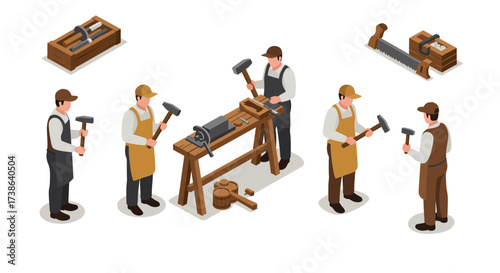 Isometric carpenters working with tools and equipment in workshop