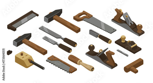 Isometric vintage carpentry tools set in 3d design for crafts and woodworking…