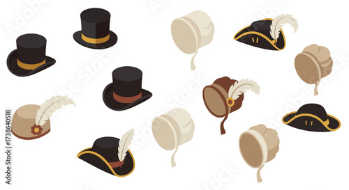 Isometric collection of vintage hats featuring top hats, bonnets, and tricorns