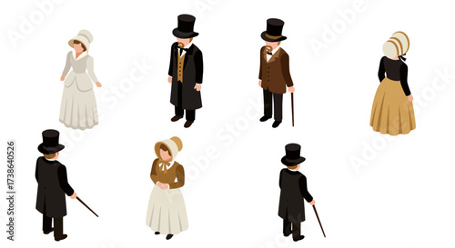 Isometric victorian couple in traditional attire with hats and canes
