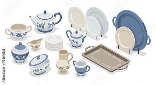 Elegant isometric porcelain tea set and dishware on display