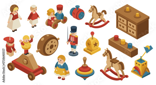 Charming collection of vintage toys in isometric style with nostalgic appeal