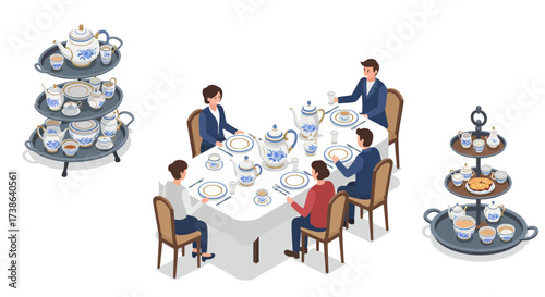 Elegant tea party with family gathering around classic china set table