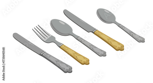 Elegant cutlery set with ornate handles in realistic style