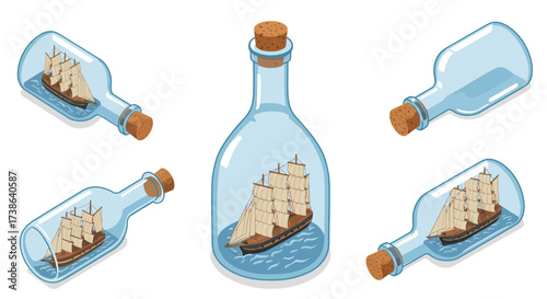 Collection of ship in bottle designs with detailed sailing vessels on white b…